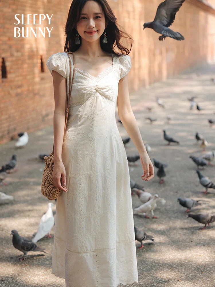 

White Cotton Lace Dress Women Summer Puff Sleeve Slim Fit Midi Tea Dress French A-Line Long Dress Petite Elegant Casual Outfits