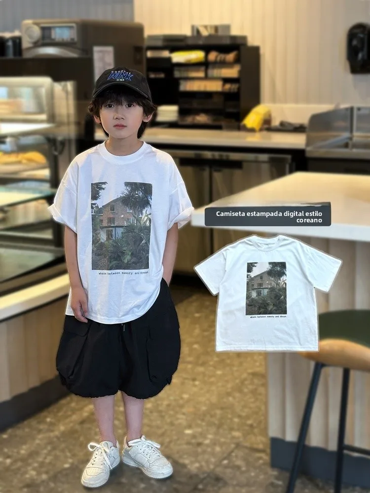 ケビンホームキッズ夏新作ルーズ半袖tシャツ男の子用中学生韓国風プリントカジュアルコットントップ