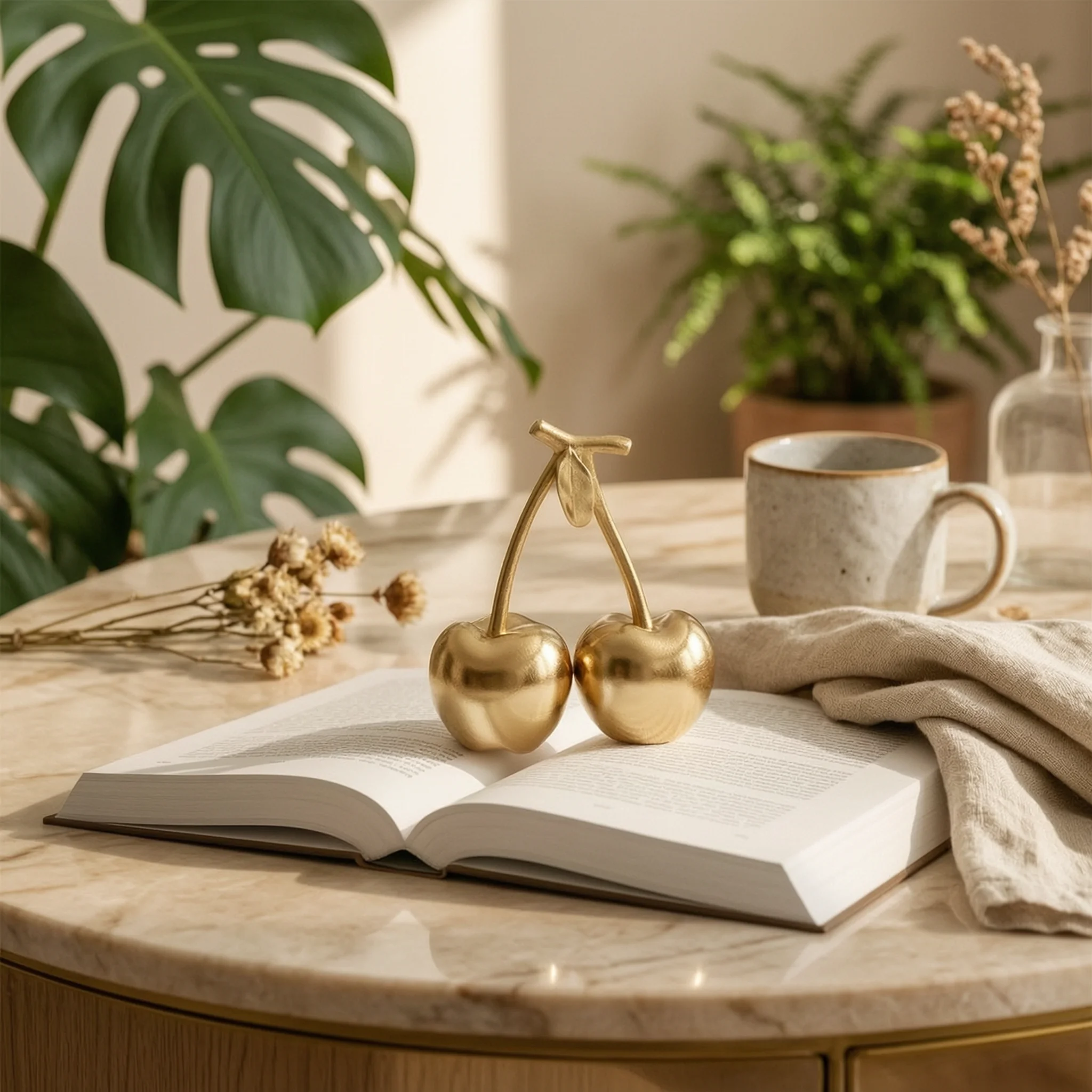 Metal Cherry with Leaf Lustrous Metal Cherry Ornament Decoration Whimsical Decor Sculptural for Coffee Table, Bookshelf