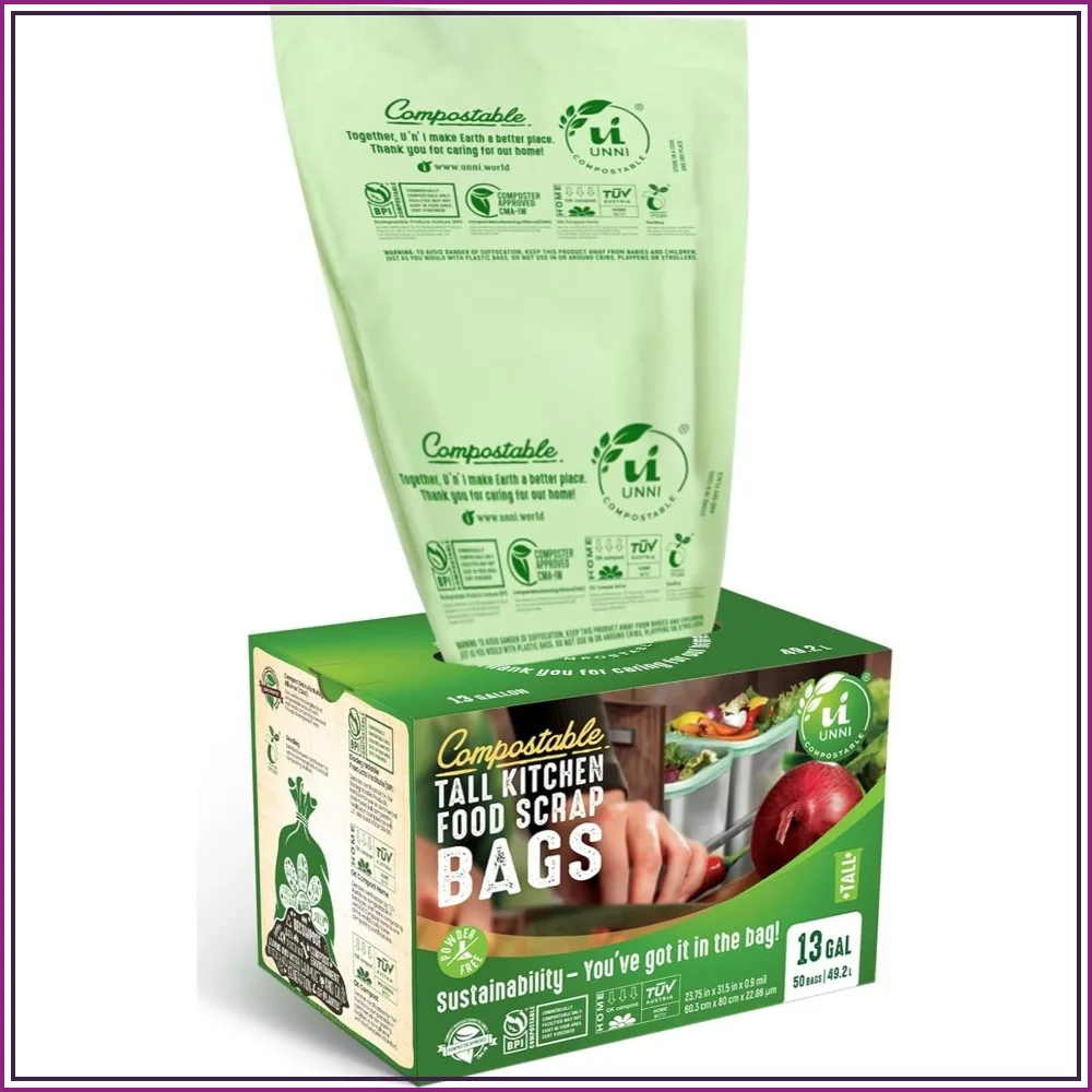 

13 Gallon Compostable Trash Bags, 50 Count, Extra Thick 0.9 Mil for Tall Kitchen Cans, ASTM D6400 Certified
