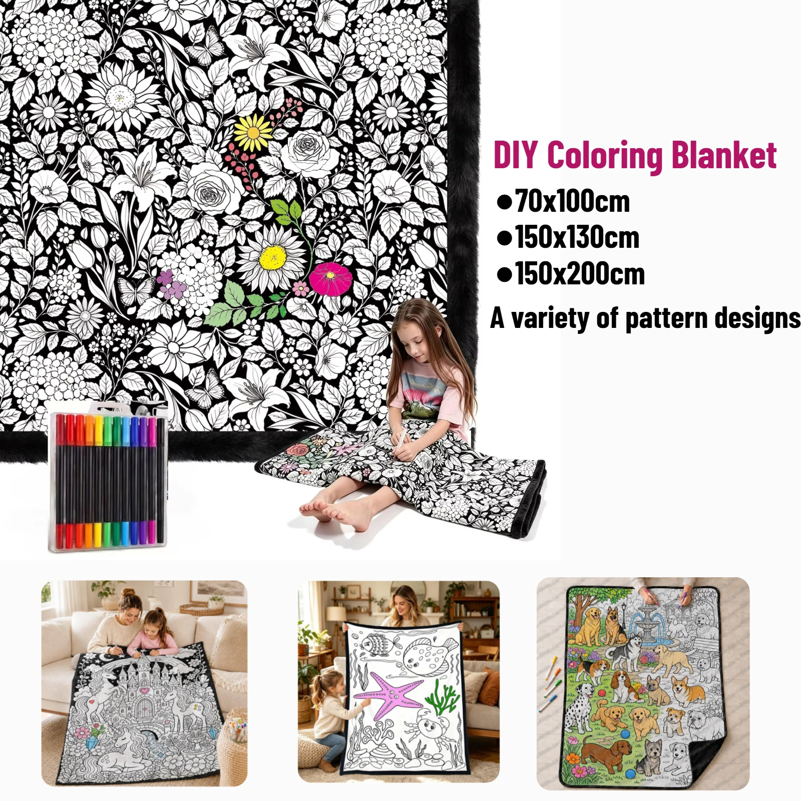 DIY Coloring Blanket for Kids Adults with 24 Washable Markers Arts and Crafts Doodle Activity Kit for Family Bonding