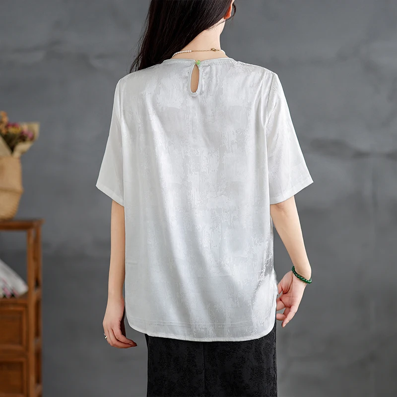 تي شيرت Ele Silk للسيدات ort Sve بتصميم أزرار صيفي جديد Sle صغير ence National Sle نمط زهرة تقليدي... #4