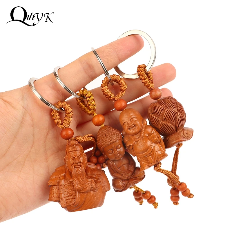 Peach Wood Keychain Guanyin Buddha Gourd Teapot Pixiu Dragon Three-dimensional Keychain