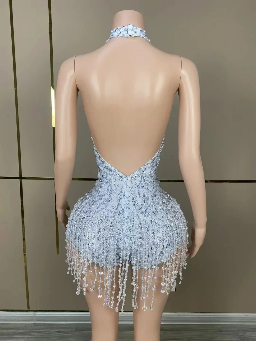 Low V neckline Silver White Rhinestones Sequins Pearls Leotard Evening Birthday Backless Bodysuit Costume  Sexy  Fringes