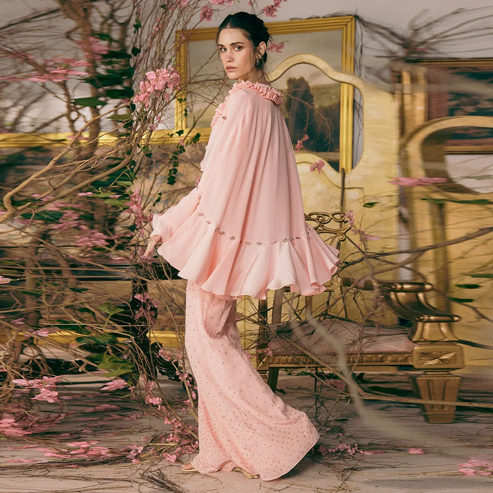 HIGH STREET Newest Fashion 2026 Designer Suit Set Women's Wood Ear Chiffon Shirt Shawl op Rhinestone Trousers Suit