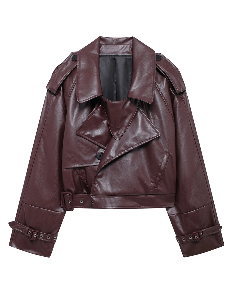 KAOPU ZA Women leather jacket coat vintage lapel-neck long sleeve female outerwear chic tops