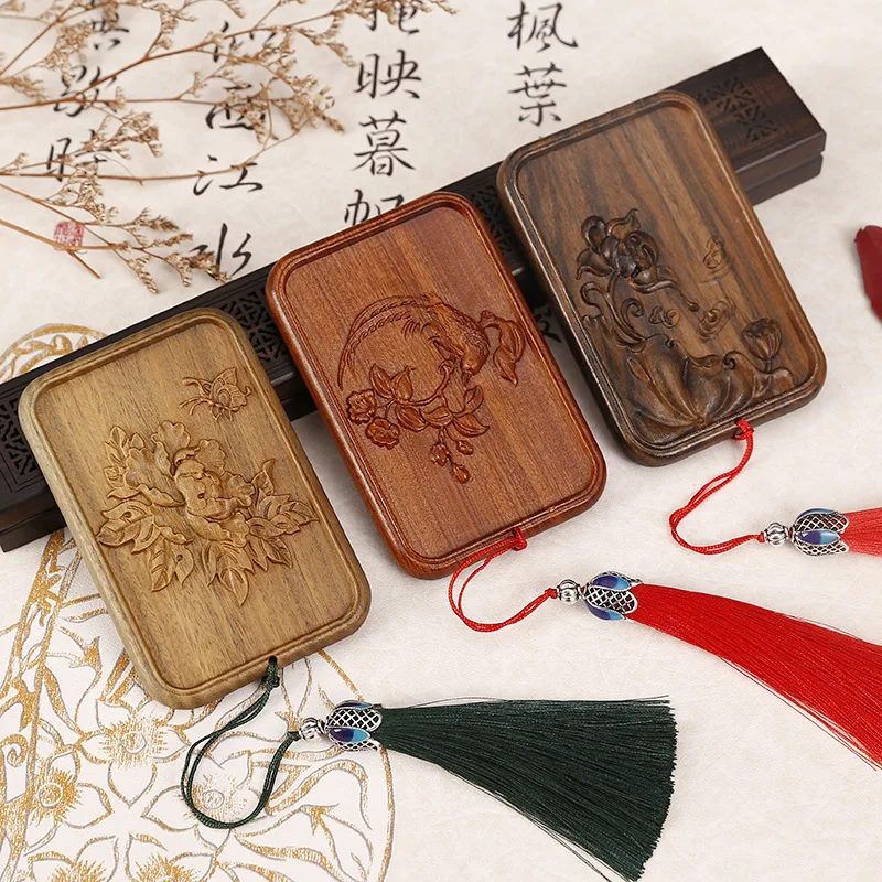 Chinese Style Green Sandalwood Makeup Mirror Portable Rosewood Exquisite Makeup Mirror Wooden Rectangular Small Mirror