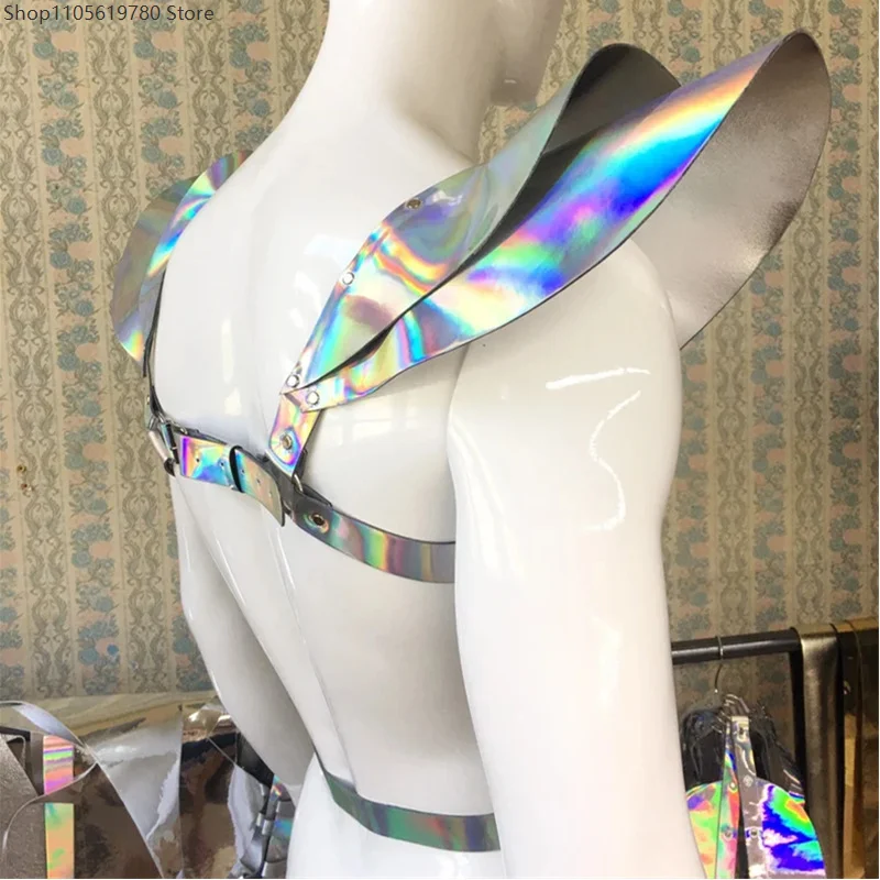 Reflective Iridescent Wing Shoulder Decor Harness Faux‑Leather Adjustable Buckle Body Strap Top Adult Cosplay Dress‑up Prop