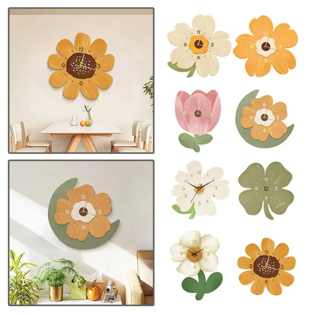 Pink Tulip Flower Shape Slient Wall Clock No Ticking Festival Bedroom Gift Creative Flower Decoration