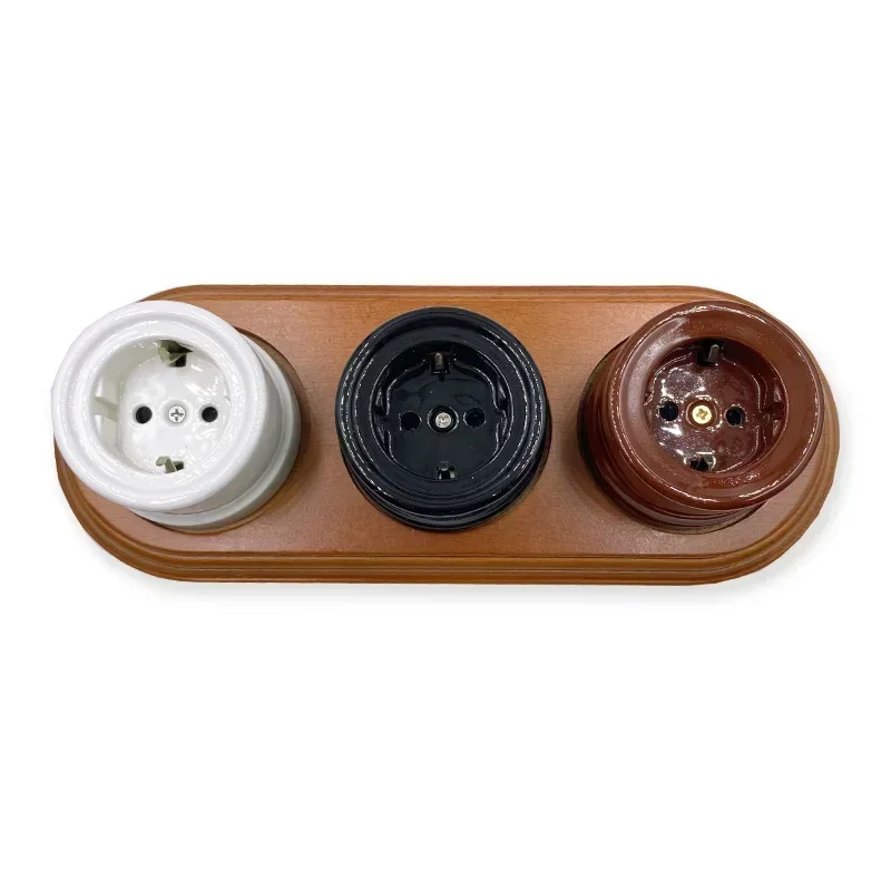 Home Improvement Retro Ceramic EU Electrical Wall Socket 1-3 Hole Wooden Base European Style Wall Outlet