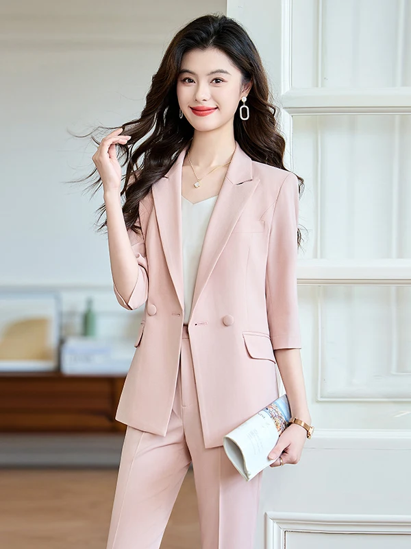 Slim Fit Blue Suit Jacket Women's Summer Thin Seven Sleeve Formal Interview Commute Professional Workwear Polyester Fabric