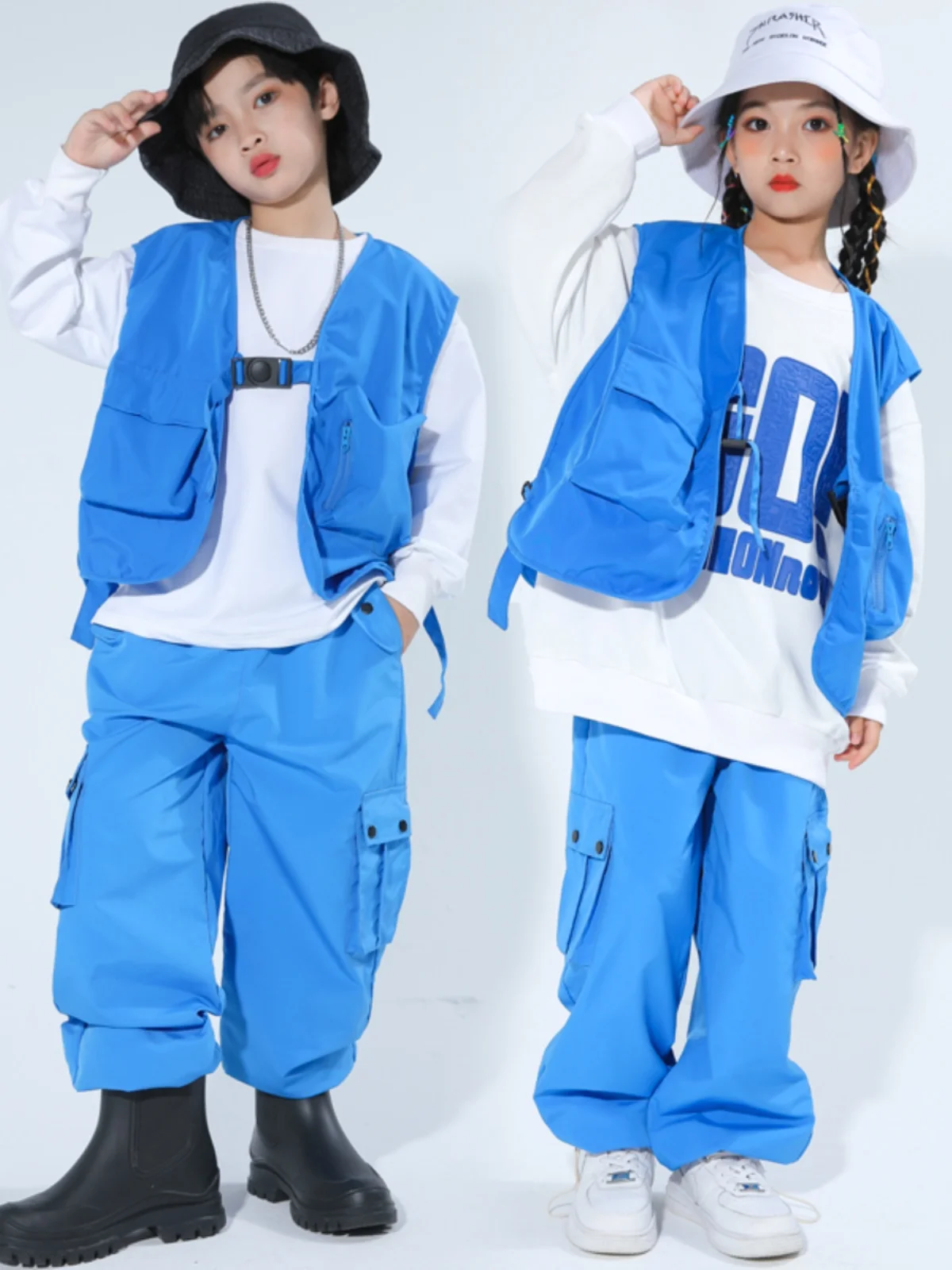 

2023 New Jazz Modern Dance Costumes For Kids Blue Vest Hiphop Pants Suit Girls Hip Hop Dance Performance Stage Clothes DQS14496