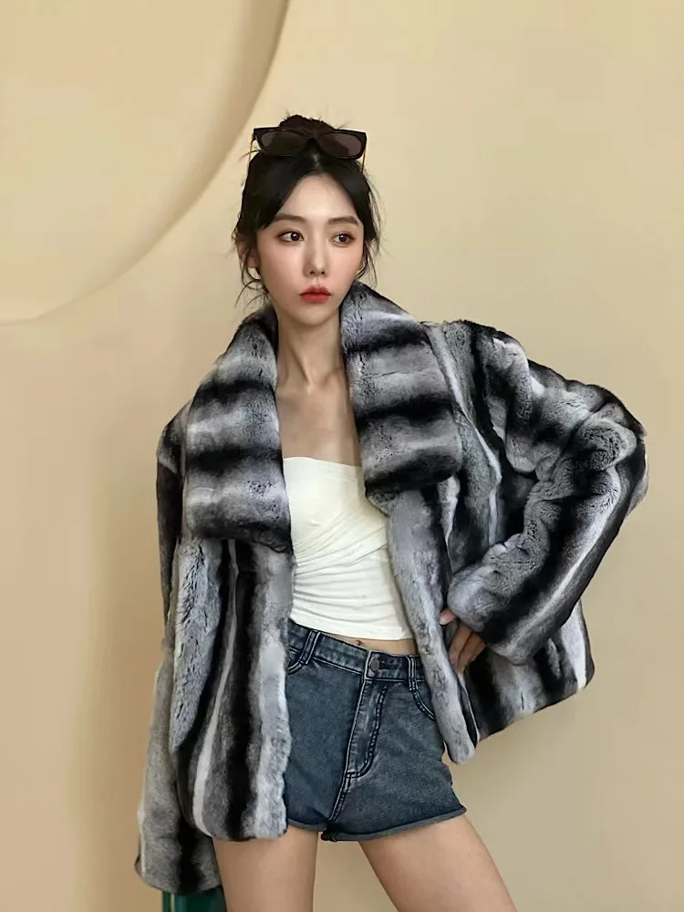 Fur Lover New Style Women Winter Warm Soft Quality Real Rex Rabbit Fur Coat Luxury Chinchilla Color Fashionable Fur Jacket