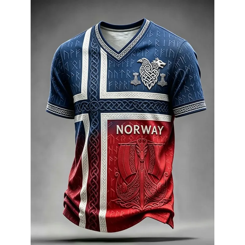 Retro 3D Print Norway Inspired Viking Rune Soccer Jersey Unisex Norse Dragon Ship Graphic Fan Supporter V‑Neck Sports Casual Tee