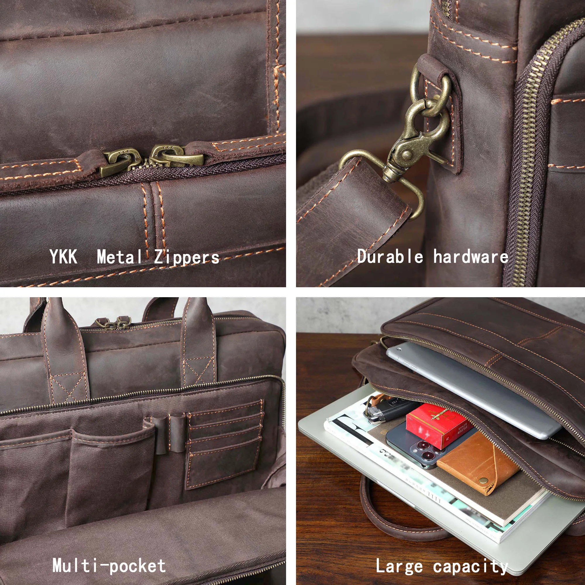 Vintage Echtleder Herren Aktentasche 15" Laptop-Tasche Arbeits- und Business-Herrentasche aus Crazy Horse Leder Schultertasche Handtasche – Detail 10