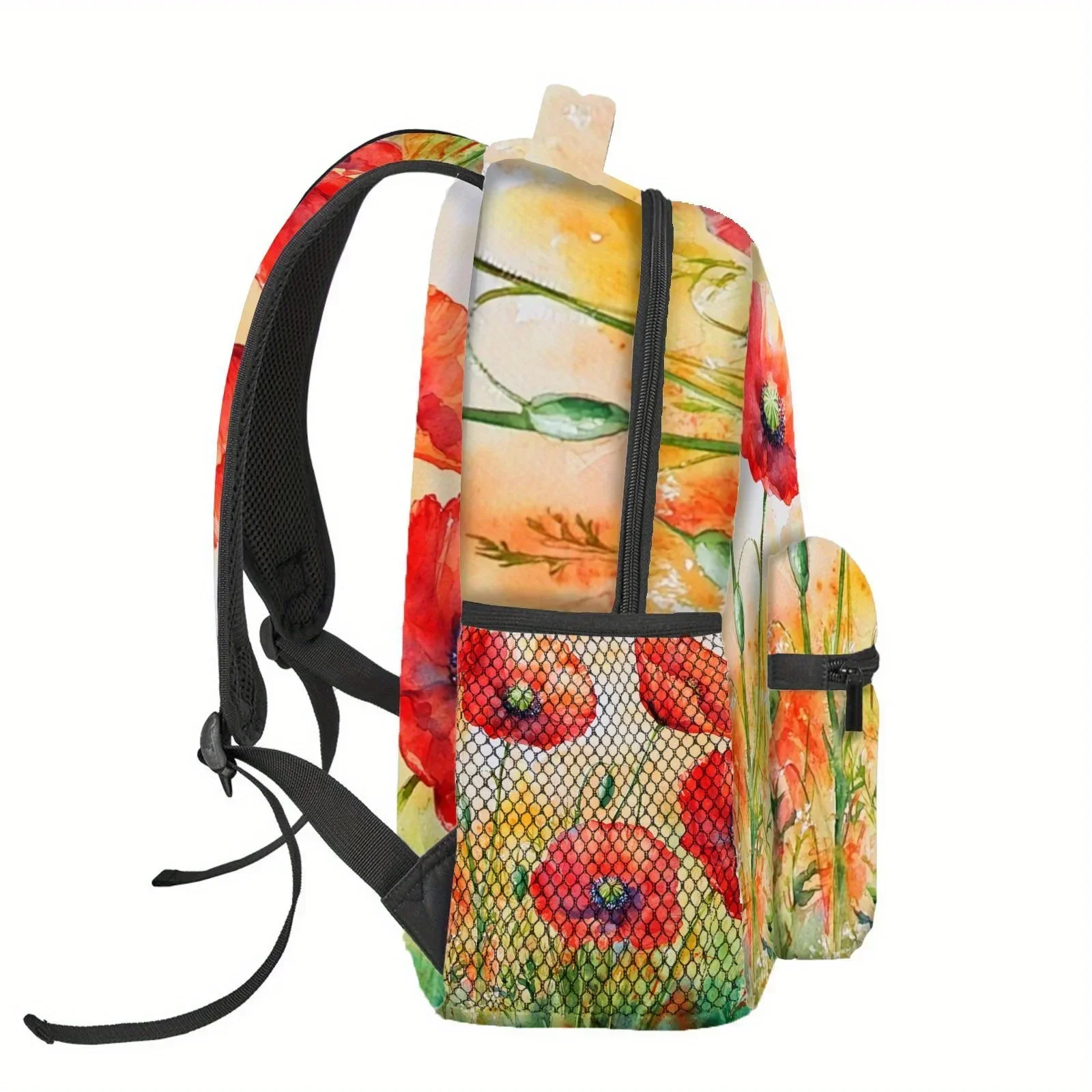 Custom Custom Vibrant Poppy Floral Print Backpack - Green, Watercolor Style, Foldable With Adjustable Straps, Zip Closure
