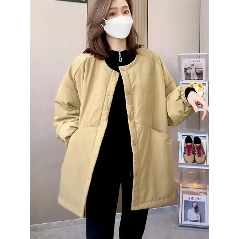 Koreanische Dame Rundhals Parkas Outwear 2025, Femme Lange Ärmel Baumwolle Gefütterte Mantel Winter Frauen Mode Einfarbig Puffer Jacke