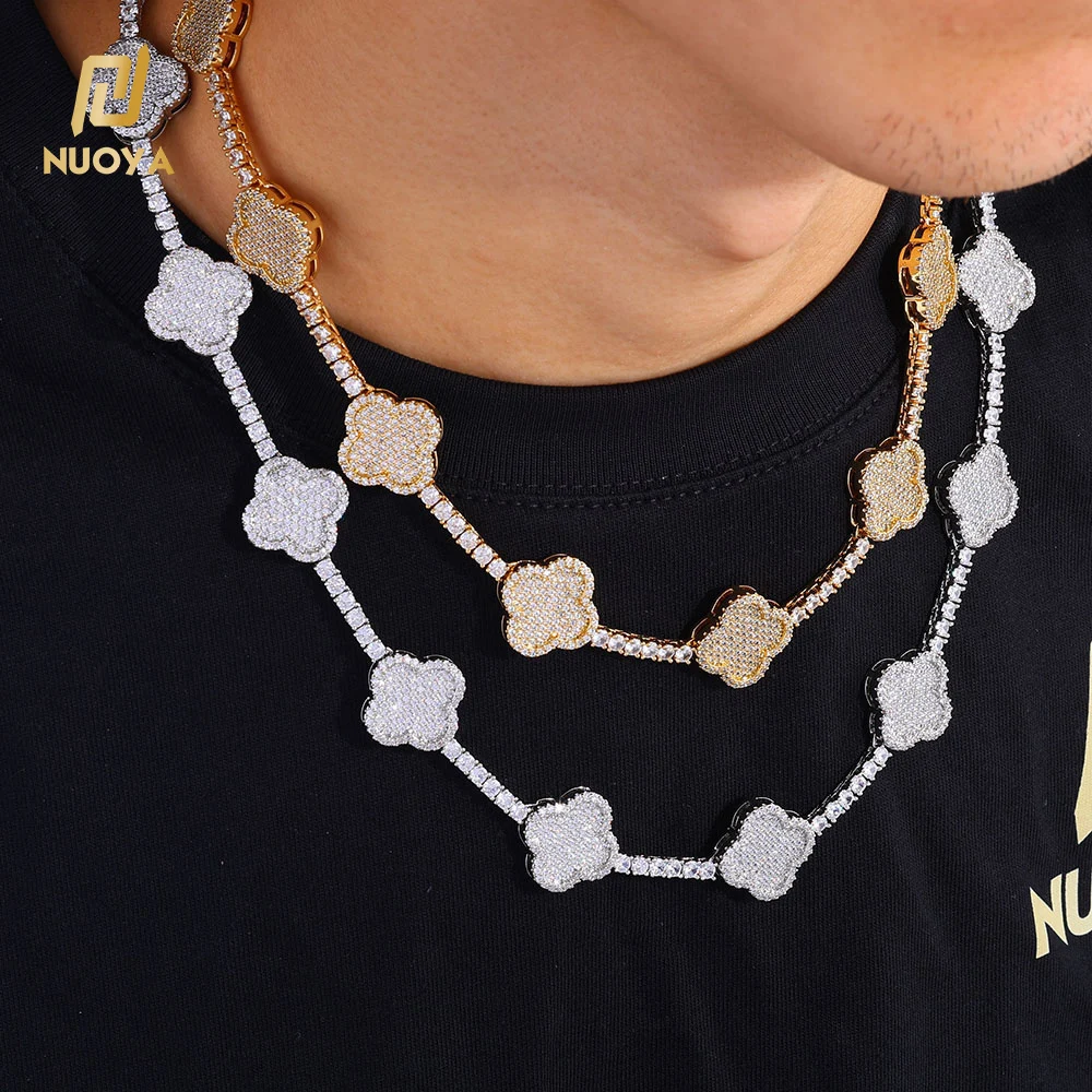 NUOYA 925 Silver VVS Moissanite Four-Leaf Clover Tennis Chain Necklace Luxury Bling Diamond Necklace Hip Hop Jewelry for Women..