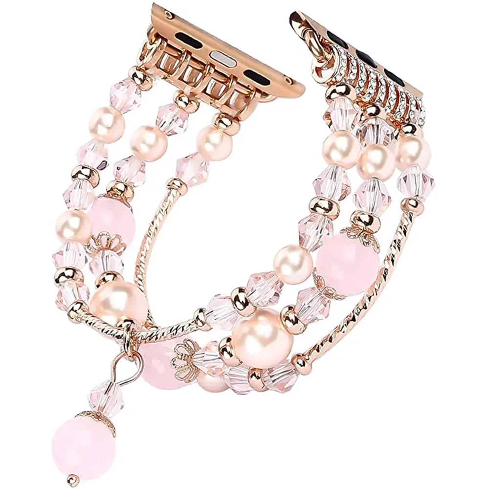 سوار نسائي من الستانلس ستيل لساعة أبل ، مجوهرات ماسية ، حزام لؤلؤ ، أربطة iWatch ، SE ، 6 ، 5 ، 4 ، 3 ، 38-44 ،