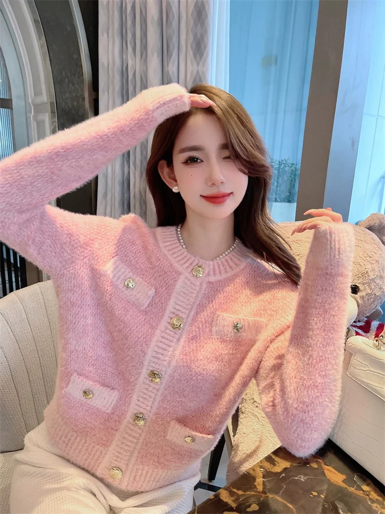 Pink Sweet Women Sweater Streetwear Autumn Fashion Cotton Elegant Casual Simple Office Ladies Knitted Sweater Cardigan