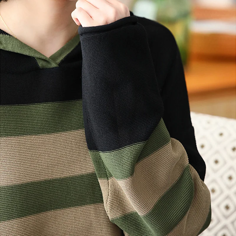 Women's Autumn Winter Stripe Long Sleeve Hoodie Sweater Fashion Versatile Pullover Casual Loose Female Clothes Elegant Lady Tops