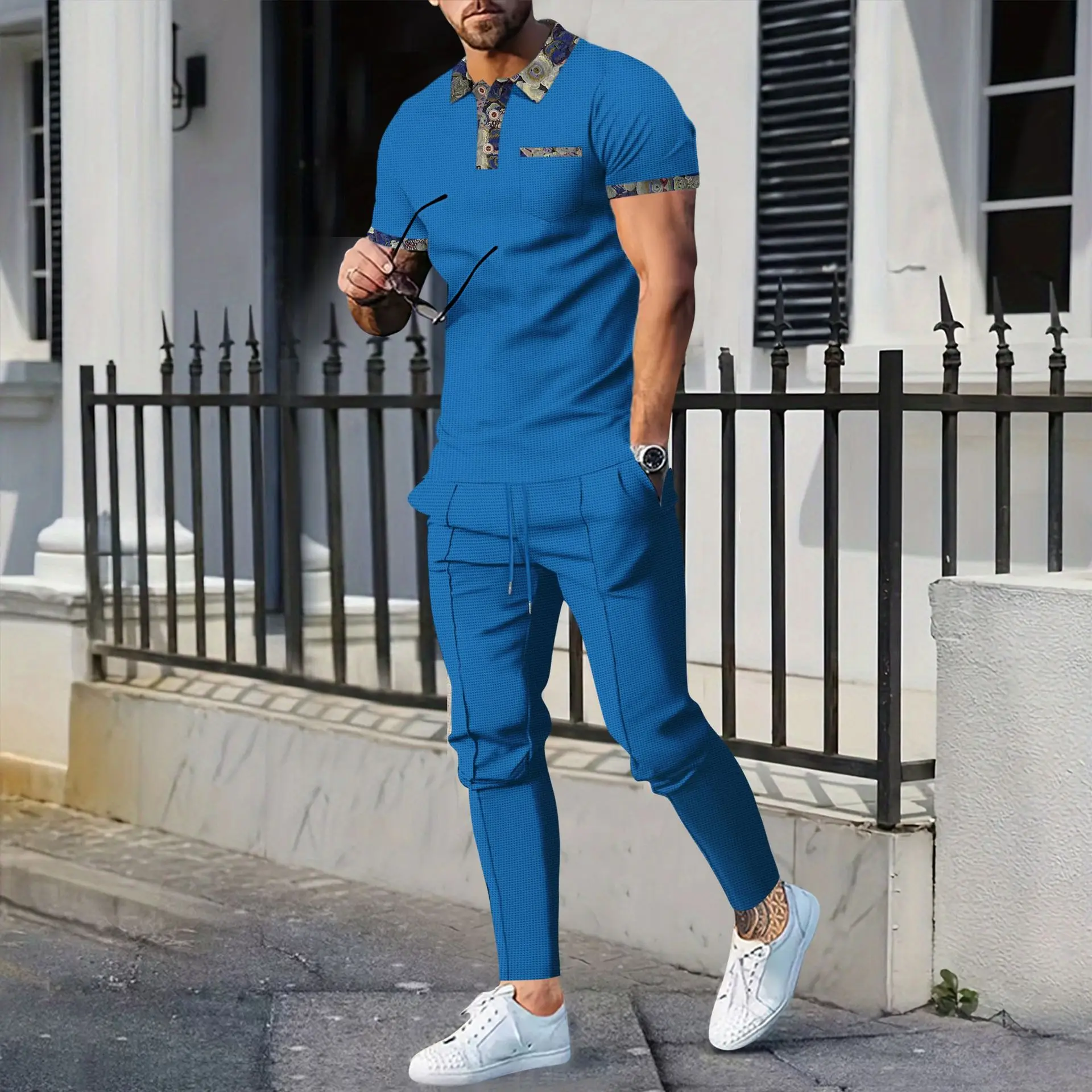 2025 New style Men's Summer Waffle patchwork color lapel pocket short-sleeved daily casual drawstring pants tops two-piece set