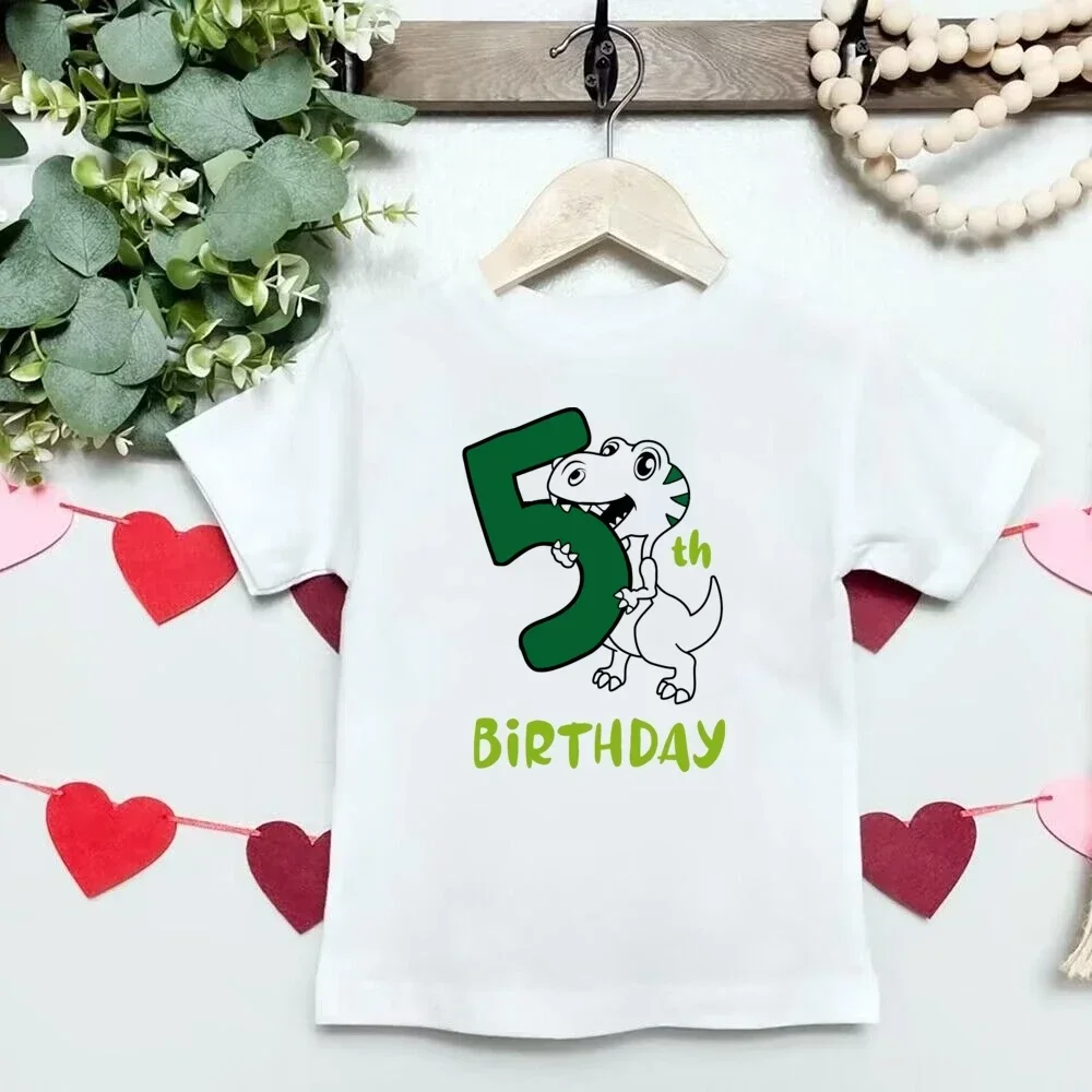 Kid 1st Birthday Dinosaur Holding Number One Graphic Short Sleeve T Shirt First Birthday Party Theme Casual Boys Celebration Top