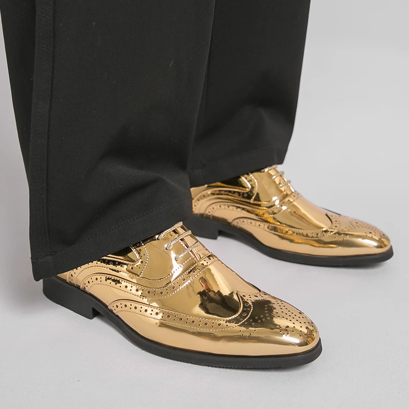 

New In Gold Brogue Shoes for Men Wedding Lace-up Spring Autumn Size 38-46 Handmade Men Shoes Men Dress Shoes