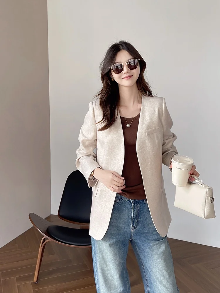 

Korean Fashion Linen Suit Jacket Women's V-neck Sleeveless Autumn New Style High Quality Elegant Cardigan Top Commute Wind