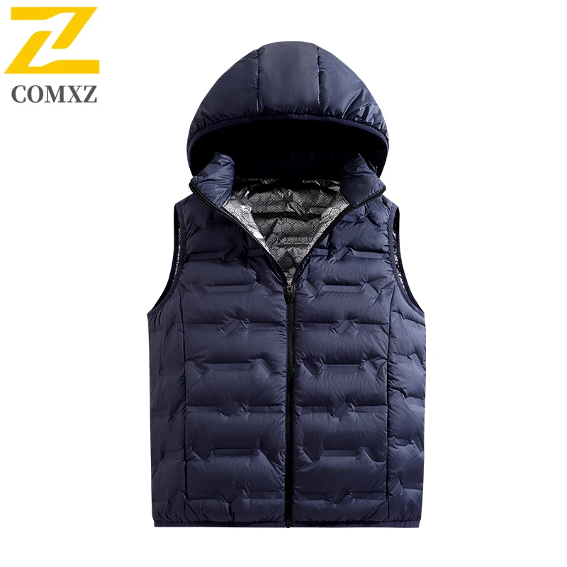 

Luxury Men Down Vest Thicken Outdoor Work Windproof Durable Vest Solid Color Hooded Design Lightweight Winter Sleeveless Jacket