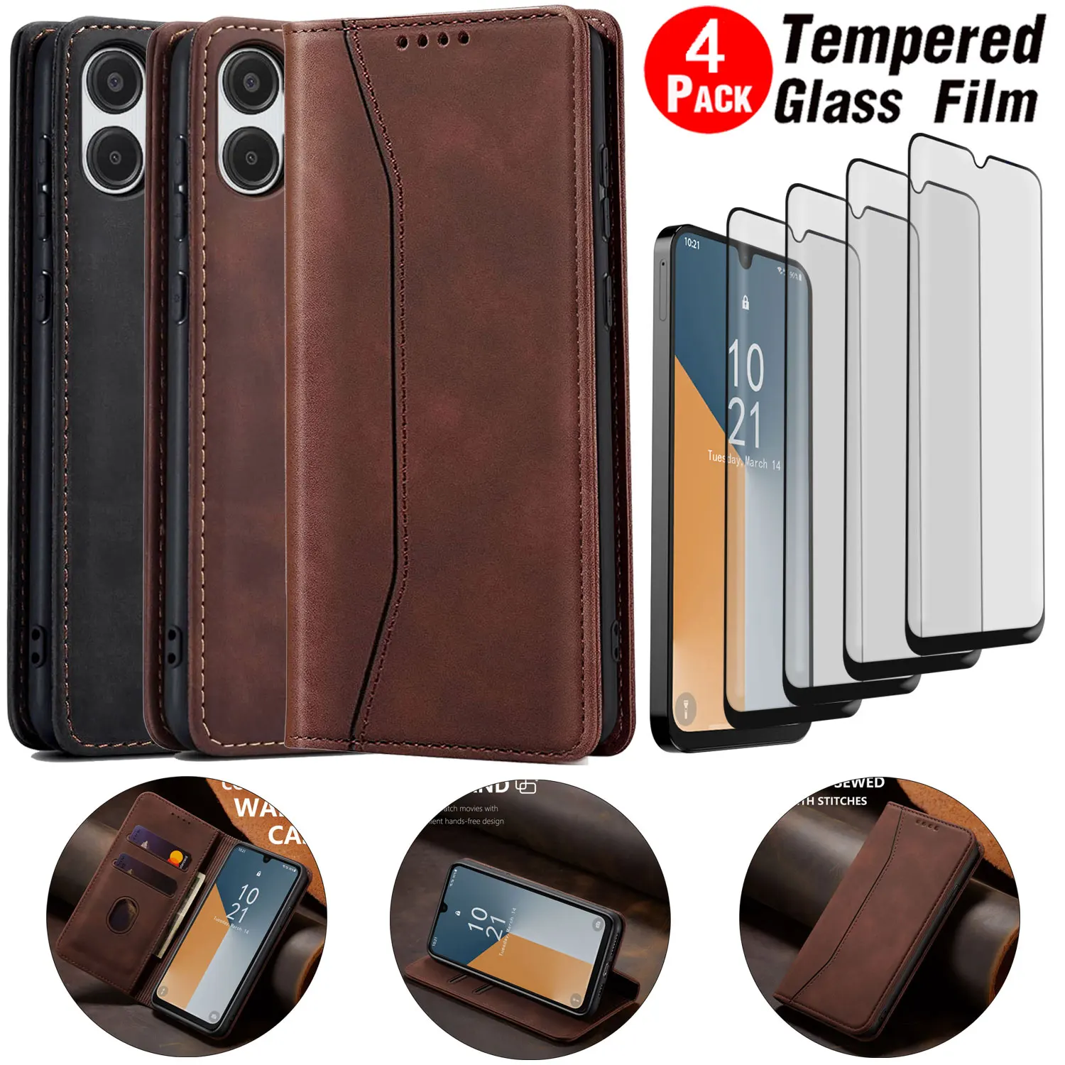 

Для Samsung Galaxy A06 чехол-кошелек из искусственной кожи с откидной подставкой и держателем + 4 шт., прозрачное закаленное стекло, защитная пленка для экрана