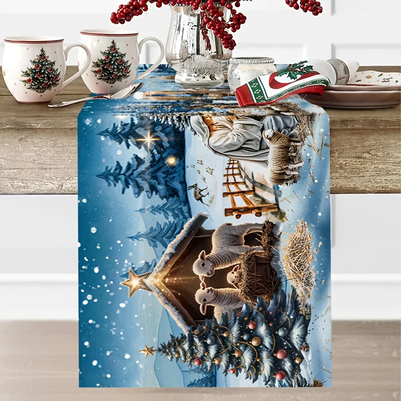 1 قطعة الخريف عيد الميلاد مشهد المهد الجدول عداء ، ثلجي الدينية طباعة ديكور ، هدية مثالية لعشاء عطلة والديكور المسيحي #4