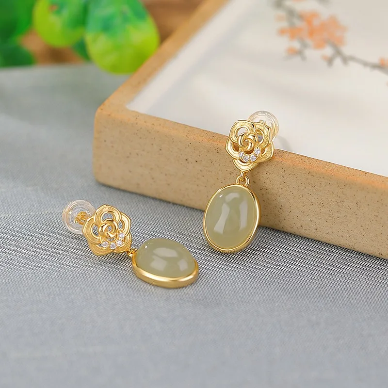 TIMESWIND الطبيعية Hetian اليشم الضوء الأخضر بالتنقيط S925 الفضة الوردية النساء الأقراط مع شهادة