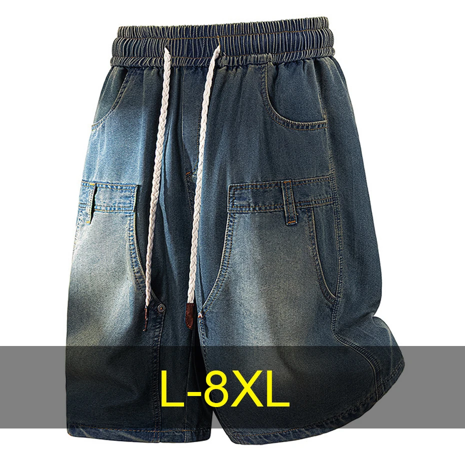

8XL Plus Size Denim Shorts Men Summer Shorts Fashion Casual Solid Color Jean Shorts Stretch Waist