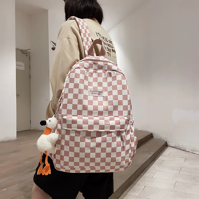 Vintage Checkerboard Backpack Large Capacity Wear Resistant Nylon Bag Simple Versatile Couple Rucksack For Middle High School