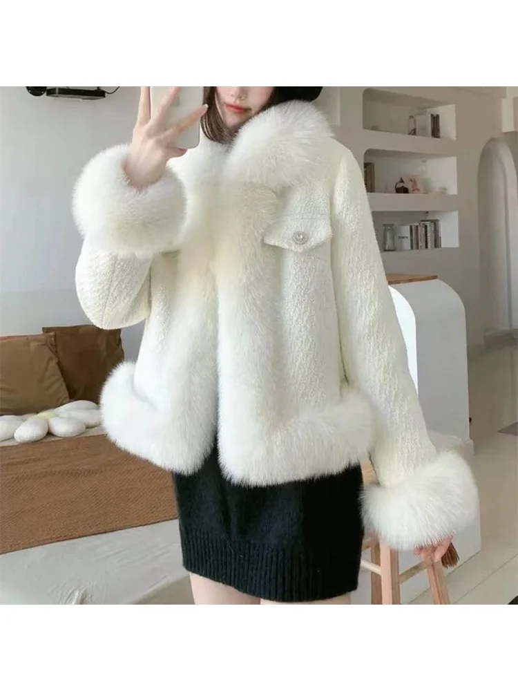 French White Exquisite Solid Color Faux Fur Patchwork Top Coat Sweet Socialite Gentle Elegant Noble Comfortable Fashion Jacket