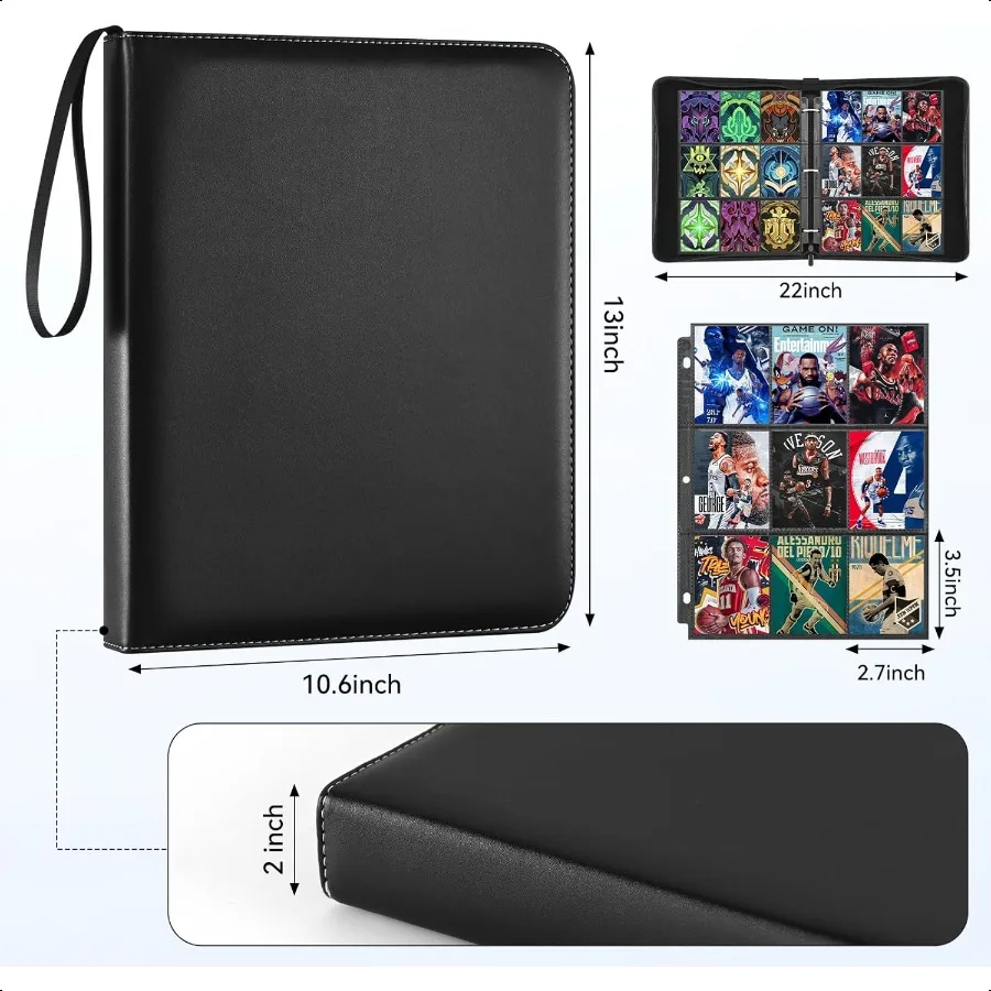 แฟ้มใส่การ์ด 9 ช่อง 900 ช่องใส่การ์ดสองด้าน ทำจากหนัง PU สำหรับใส่การ์ด MTG TCG และการ์ดกีฬา สีดำ