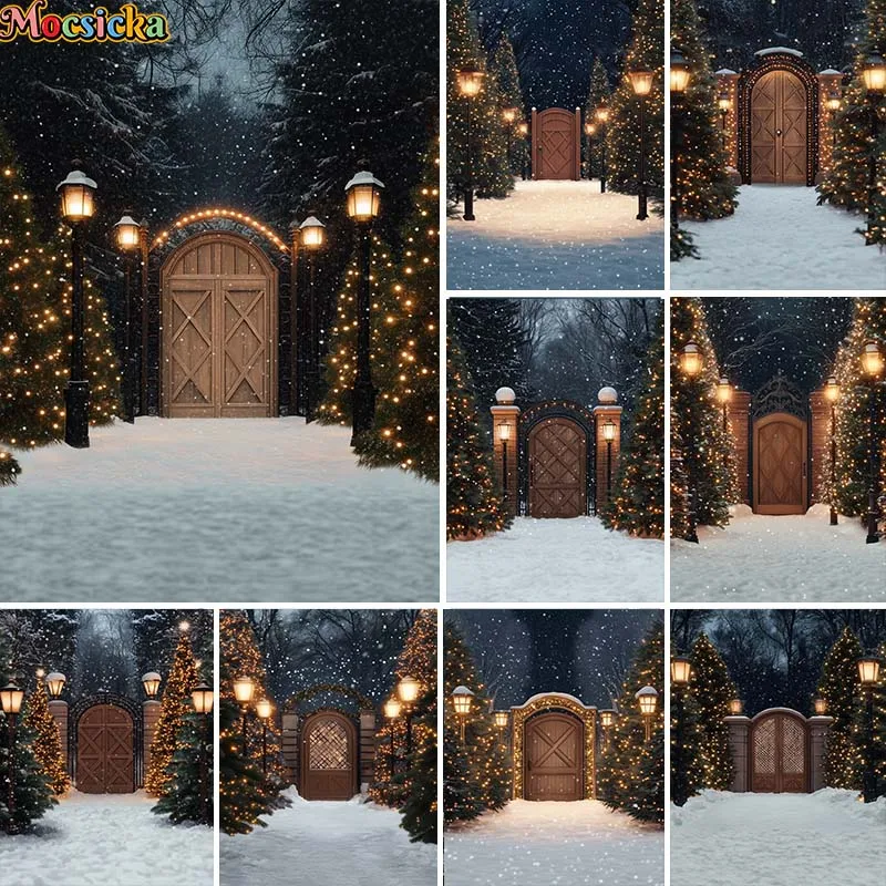 Winter Christmas Night Backdrop Photography Arch Wooden Door Street Lights Xmas Tree Decor Kids Adult Portrait Photo Backgrounds