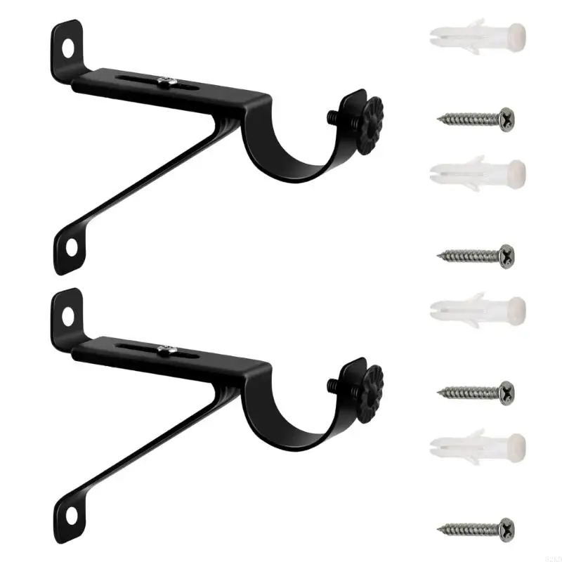 62KD Curtain Rod Brackets Curtain Rod Bracket Hook with Screws Metal Curtain Rod Mount for Wall Install with Black Finish, Screw