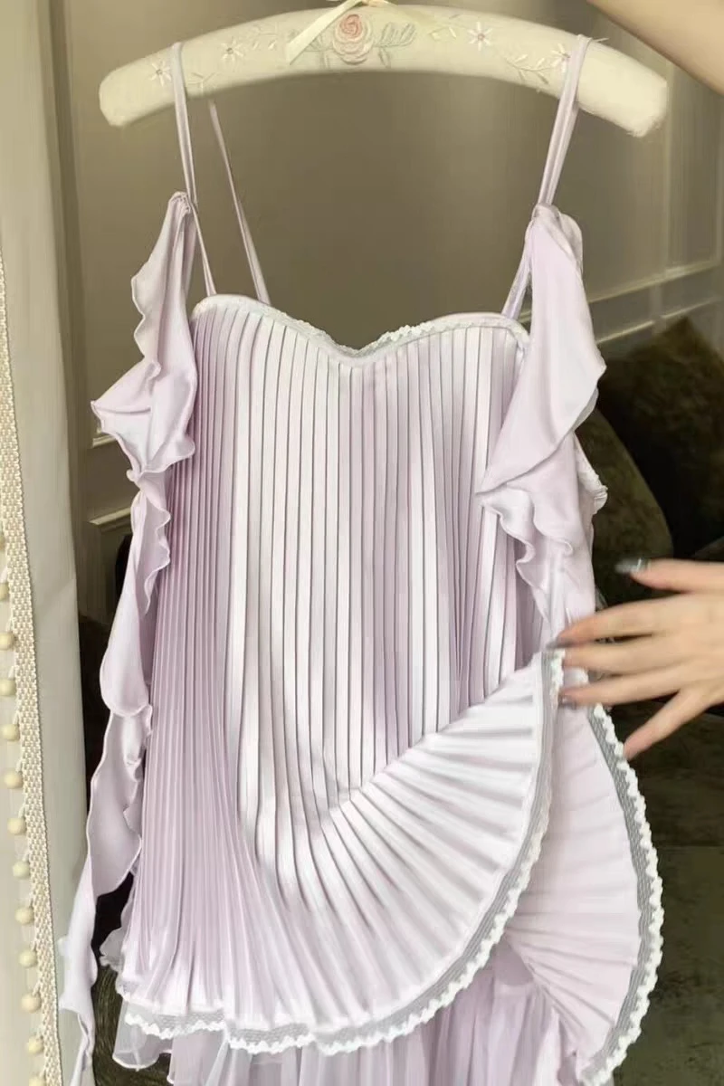 Sweet Sleepwear Women Soft Silk Chiffon Pleated Suspender Pajama Off Shoulder Lingerie Sexy Loose Puff Wrinkle Nightgowns 2026 4