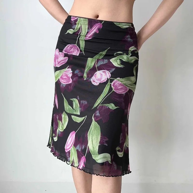 2026 Women's Floral Print Mesh Fishtail Midi Skirt Summer High Waist A Line Ruffle Skirt