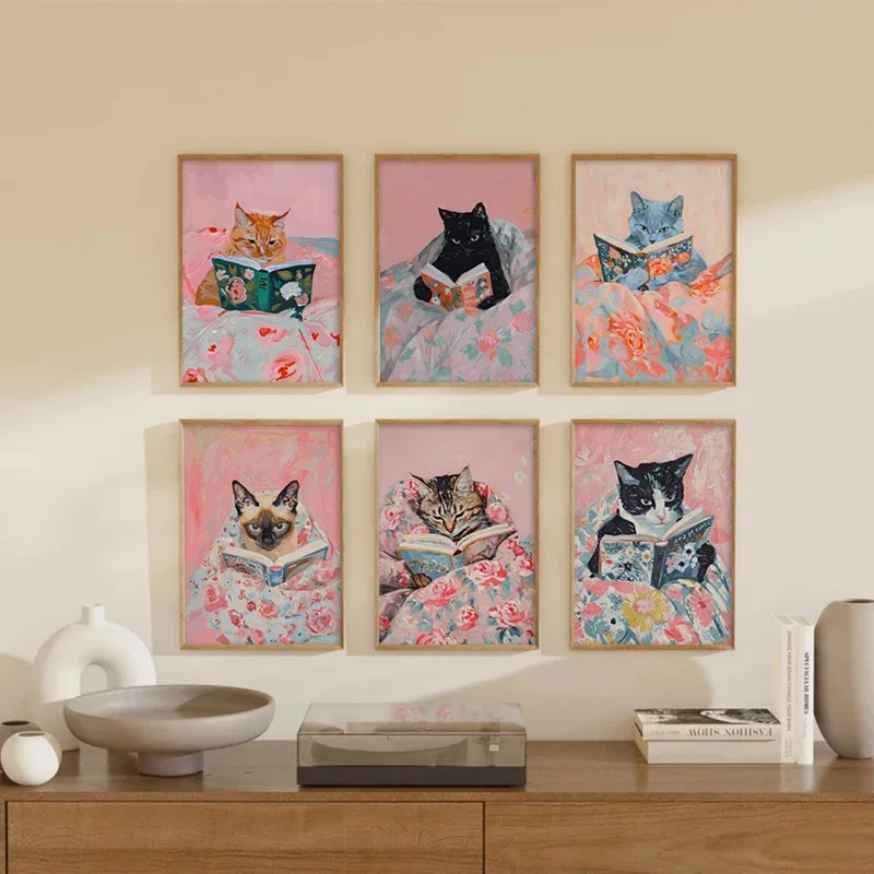 Multiple sizes 1pc frameless Canvas Painting,Retro Cat Reading Theme Poster Whimsical Pet Wall Art Canvas Print Decorative Paint