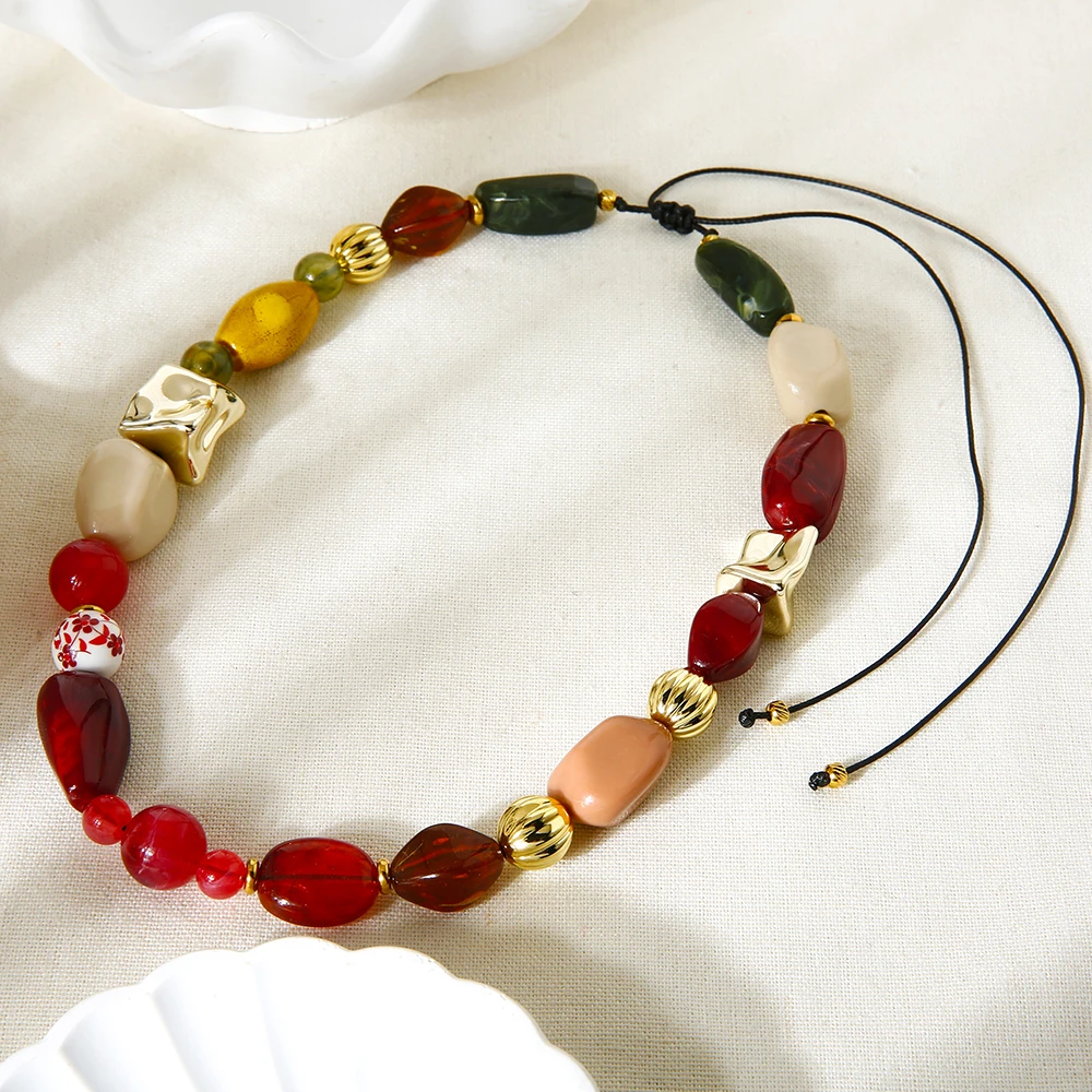 INS Irregular Ceramic & Acrylic Beaded Necklace Handmade with Adjustable Drawstring Chain Trendy Layering Jewelry for Women
