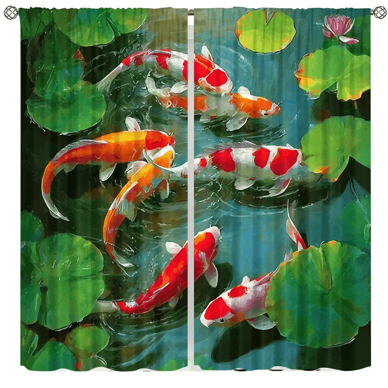 Koi carp and lotus pond design curtains, installed in pole-type style. Suitable for living rooms, bedrooms, dining rooms hotels