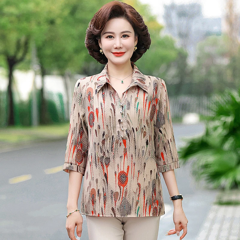 

Летняя шифоновая блузка с принтом, отложным воротником, свободного кроя, с рукавом 3/4, для женщин среднего возраста, весна-лето