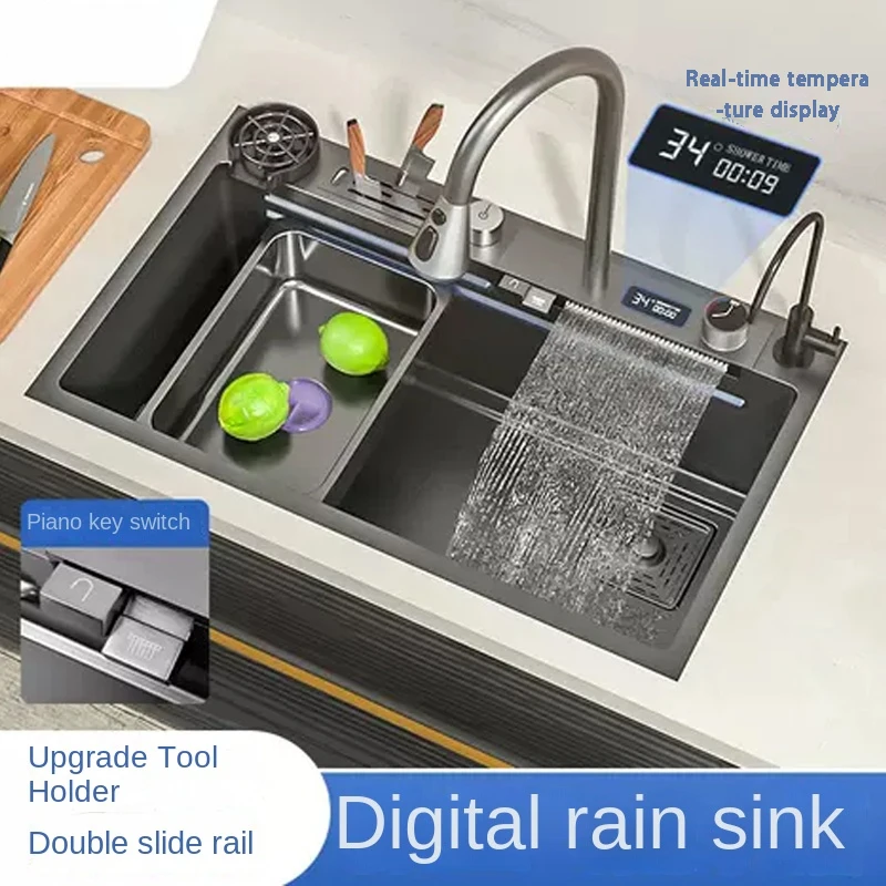 Évier de Cuisine à Cascade en Acier Inoxydable, Grand Lavabo à Fente Unique avec Touche Multifonction