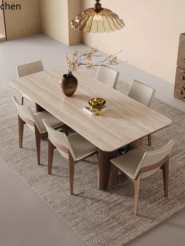 C6.15 solid wood dining table generation simple and high-end small apartment rectangular travertine rock slab dining table