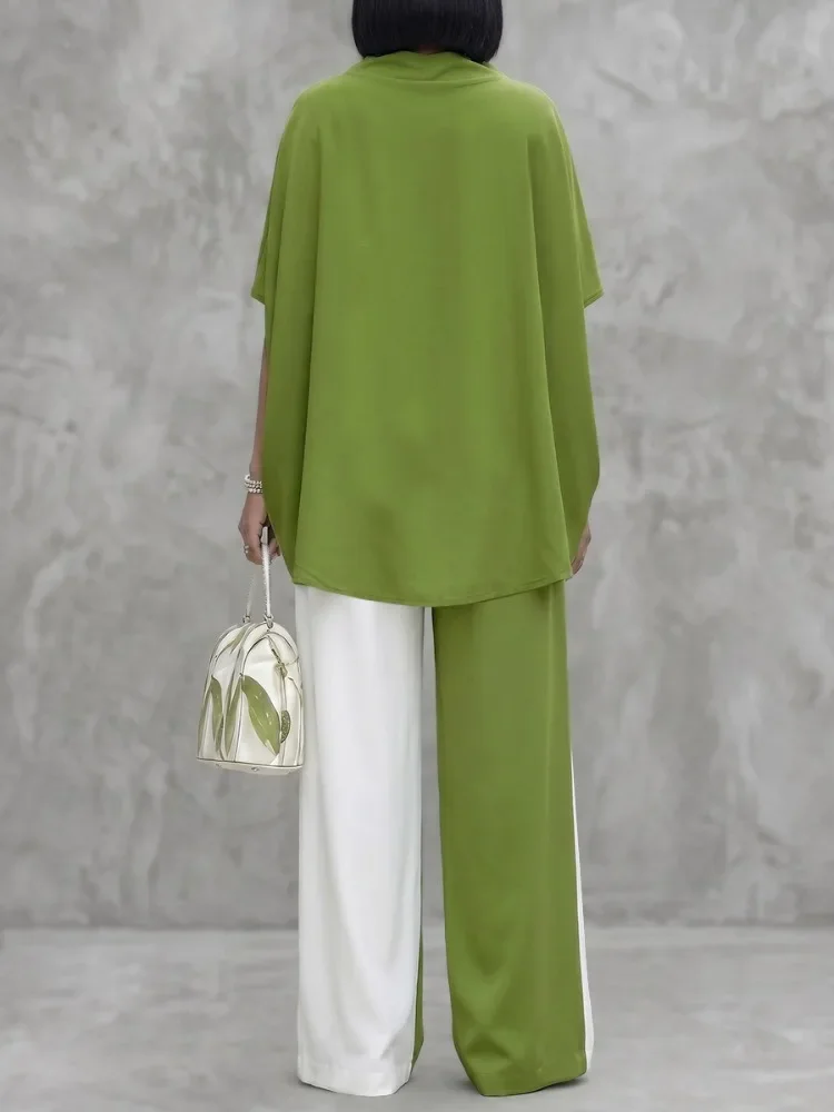 UOOZEE Women's Trendy White Green Contrast Color Wide Leg Matching Pants 2026 New Elastic Waist Casual Palazzo Trousers Bottoms view 4