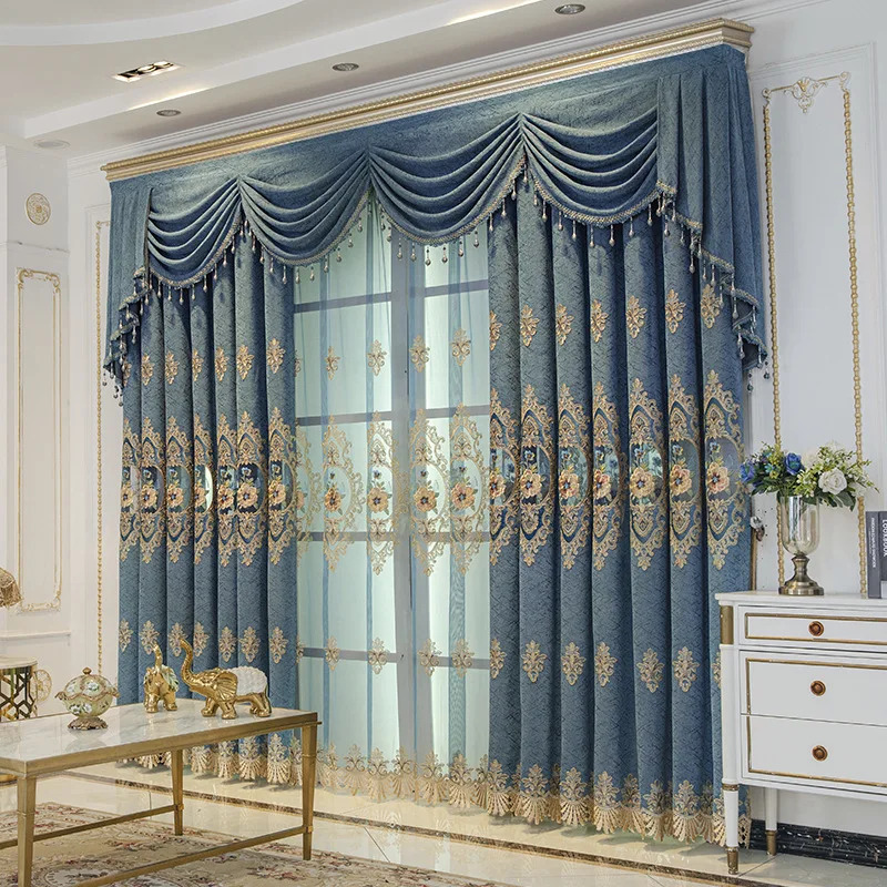 New Chenill Thickened European Embroidered Curtains for Living Room Bedroom Dining Blackout Blue Luxury Custom Size Retro Decor