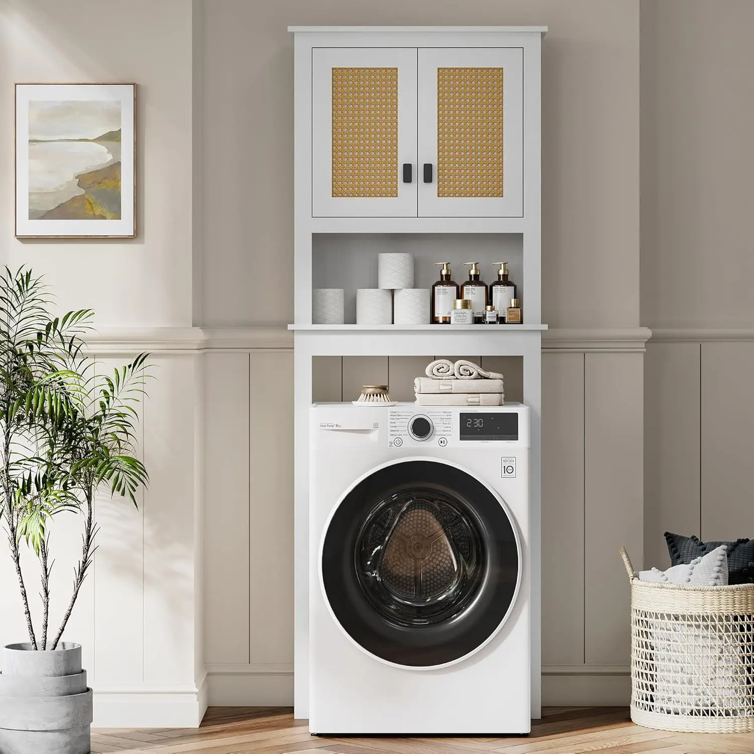 

Over The Toilet Storage Cabinet, Over Toilet Bathroom Organizer with Rattan Doors Freestanding Wood Above Toilet Storage Cabinet